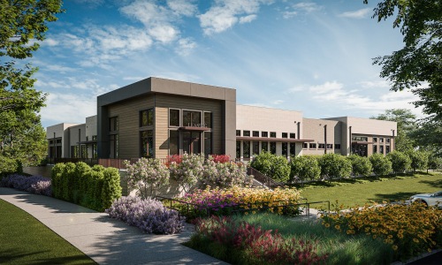 a building with a garden in front