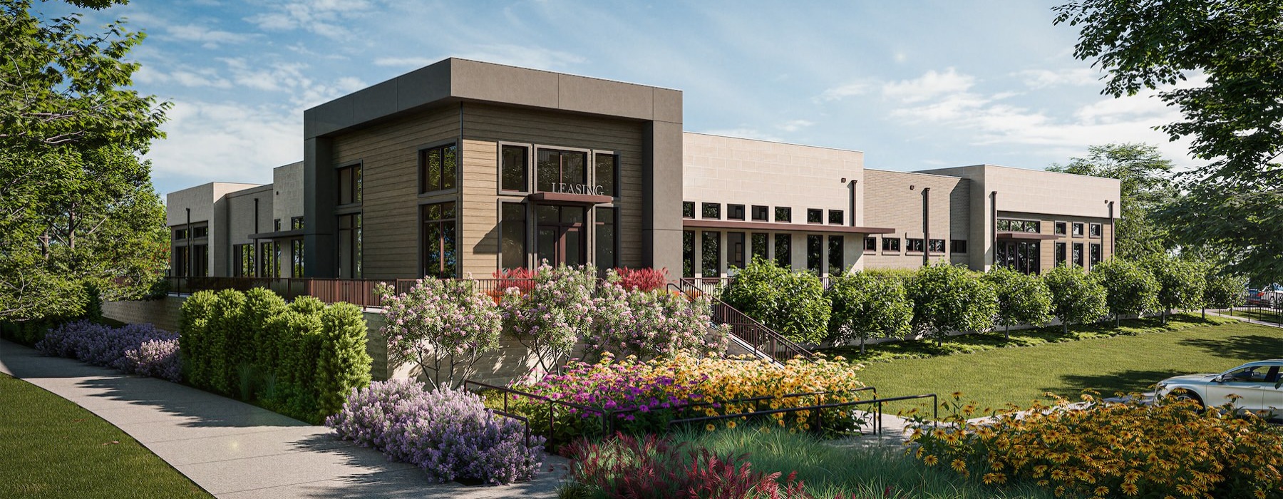a building with a garden in front