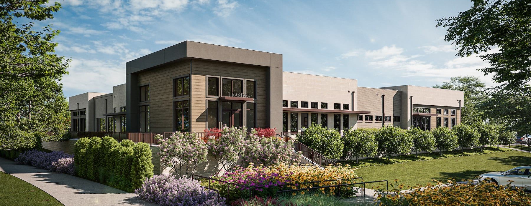 a building with a garden in front