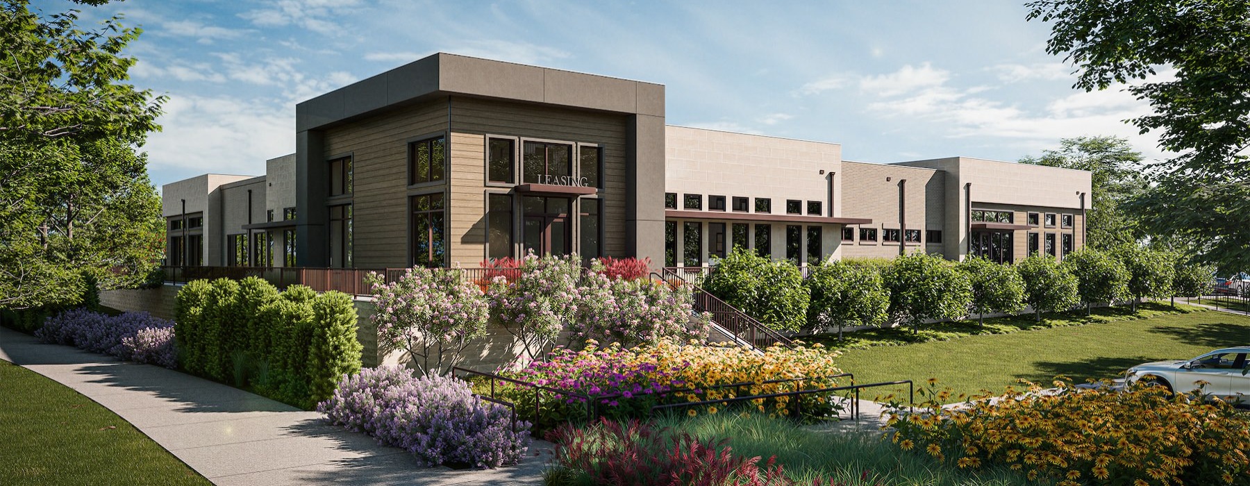 a building with a garden in front